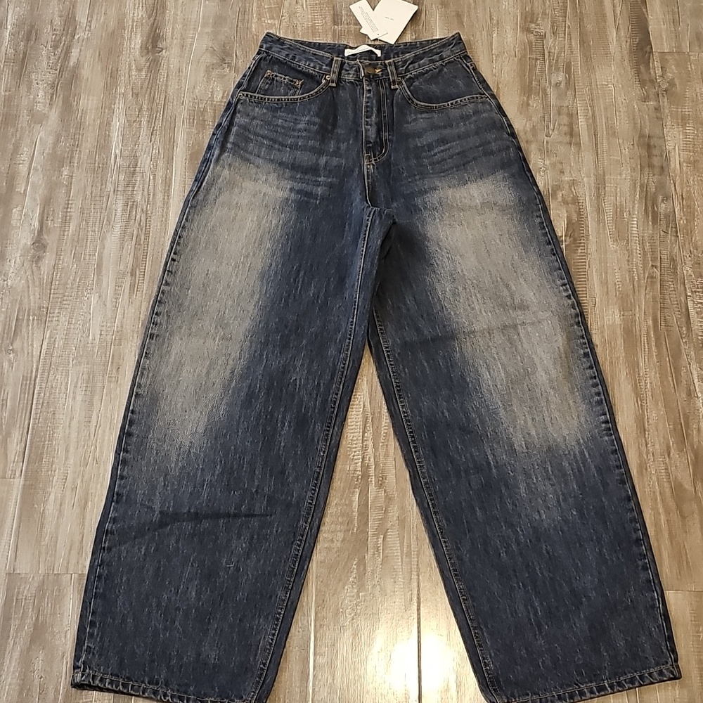 NWT Oak + Fort Jeans Mid-Rise Curved Leg Dark Wash Denim Pants XS Baggy Relaxed - Picture 4 of 11